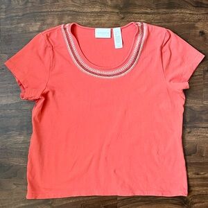 Liz Claiborne Coral Short Sleeve Women’s Top Embroidery Neckline Size L Petite